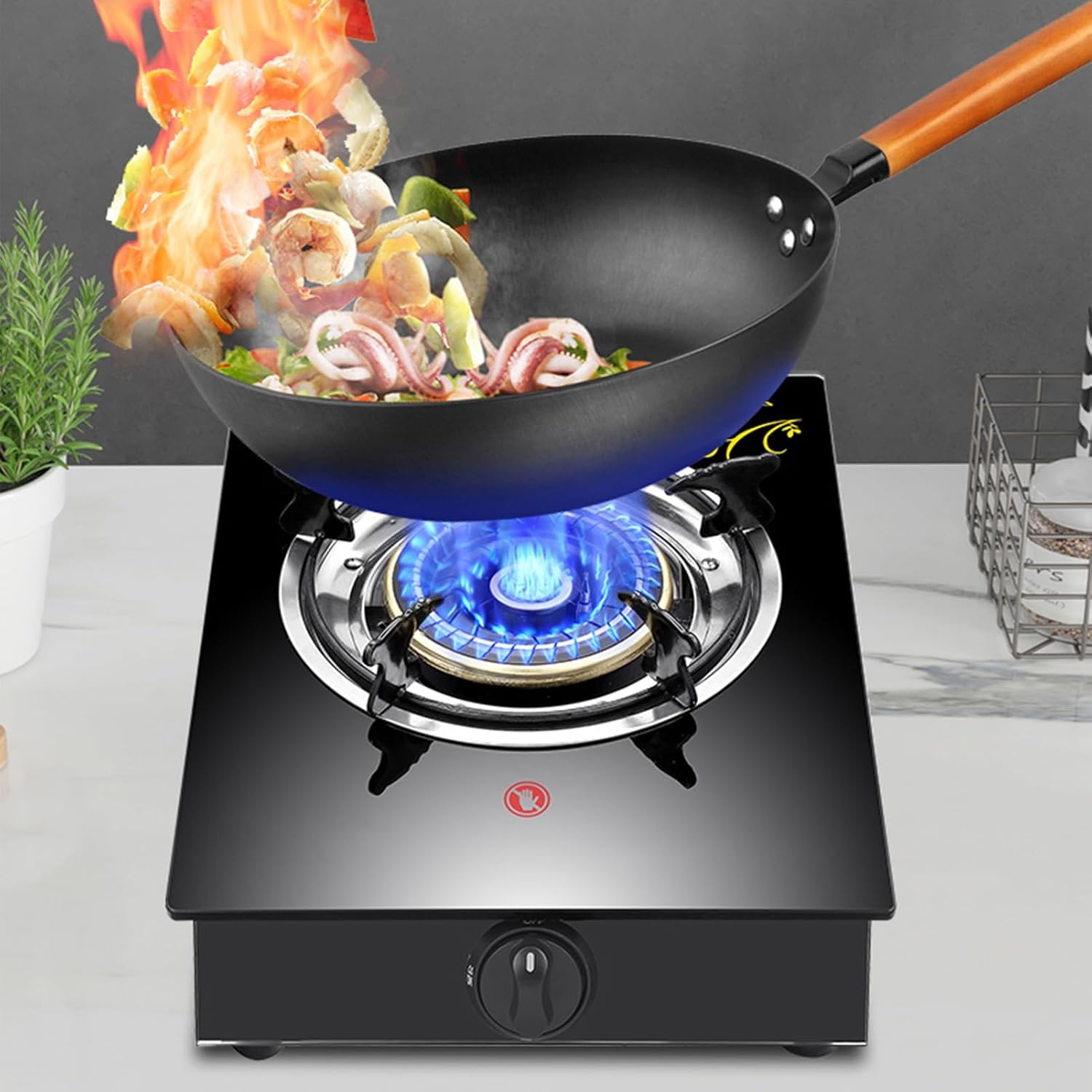 Single Burner Gas Stove,Glass Copper Cover Gas Stove with High Flameout Protection Function,for Tailgating, Seafood Boil,Home Brewing