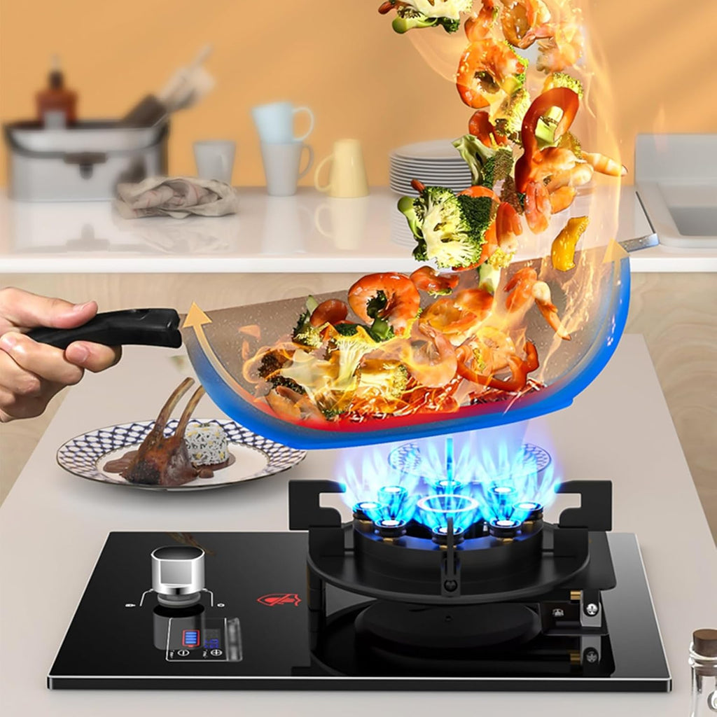 43cm Gas Stove,Gas Cooker 1 Burner,5.2W Nine-Cavity High-fire Timer,Gas/LP Gas Conversion Stove,Tempered Glass Cast Iron Pot Rack,with Flameout Protection(LPG)