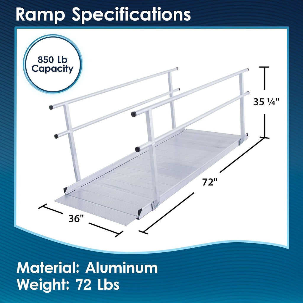 6' Wheelchair Ramp for Home Steps, 850 lb Capacity, Handrails, Non-Slip, Entry Access for Mobility Scooters, Power Chairs, Silver Spring