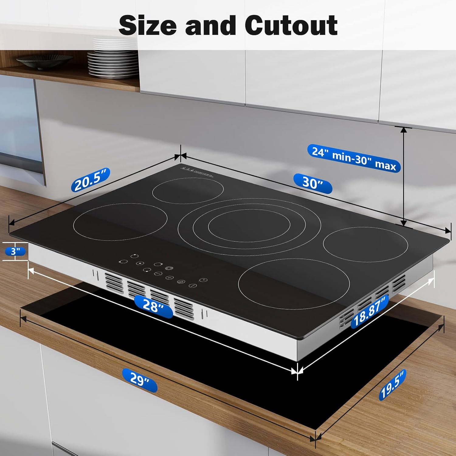 SNDOAS Electric Cooktop 30 inch,9000W 5-Burner Built-in Electric Stove Top with Ceramic Glass & 9 Power Levels,240V Hardwired,Child Lock & Overheat Protection,30' for Standard Countertop Cutout