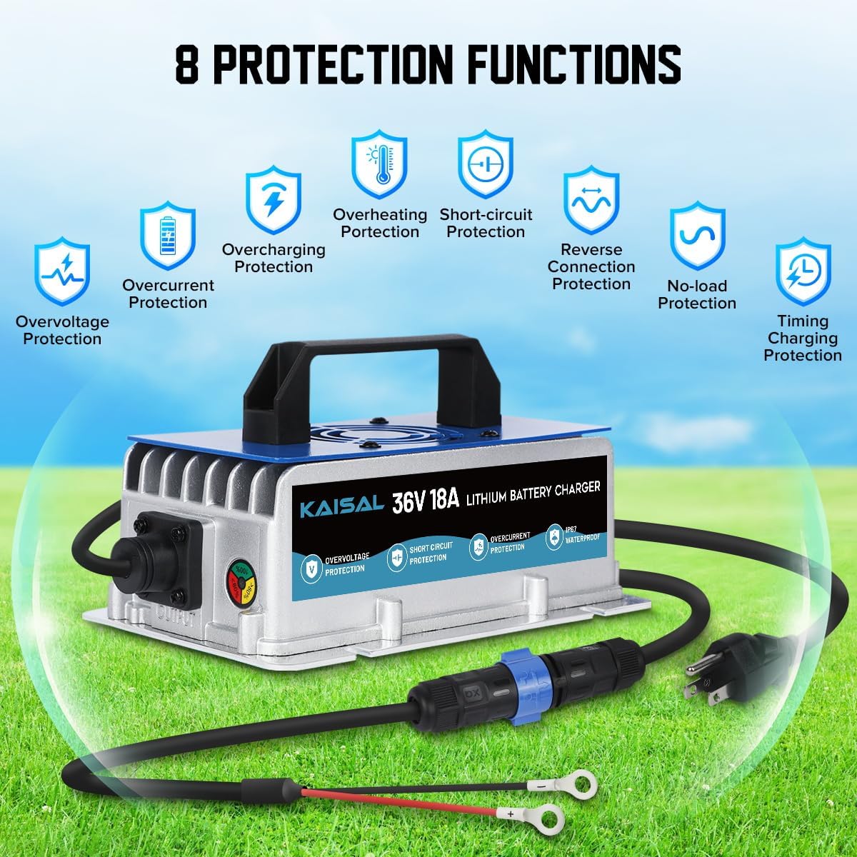 Lithium Battery Charger 36 Volt/43.8V 18A for 36V (38.4V) LiFePO4 Battery 0V Wake Up 36V Lifepo4 Battery Charger, IP67 Waterproof, for Golf Cart, Forklift, Trolling Motor, Boat, Car, RV, Lawn Mower