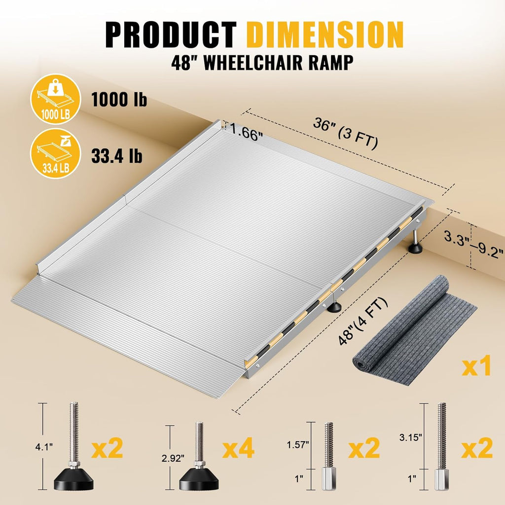 Aluminum Threshold Ramp for Doorways, 48' × 36' Wheelchair Ramp for Home, Adjustable for 3.3'–9.2' Step & Threshold Heights, 1000 lb Capacity, Non-Slip Surface, Foldable, for Single Step Entryways
