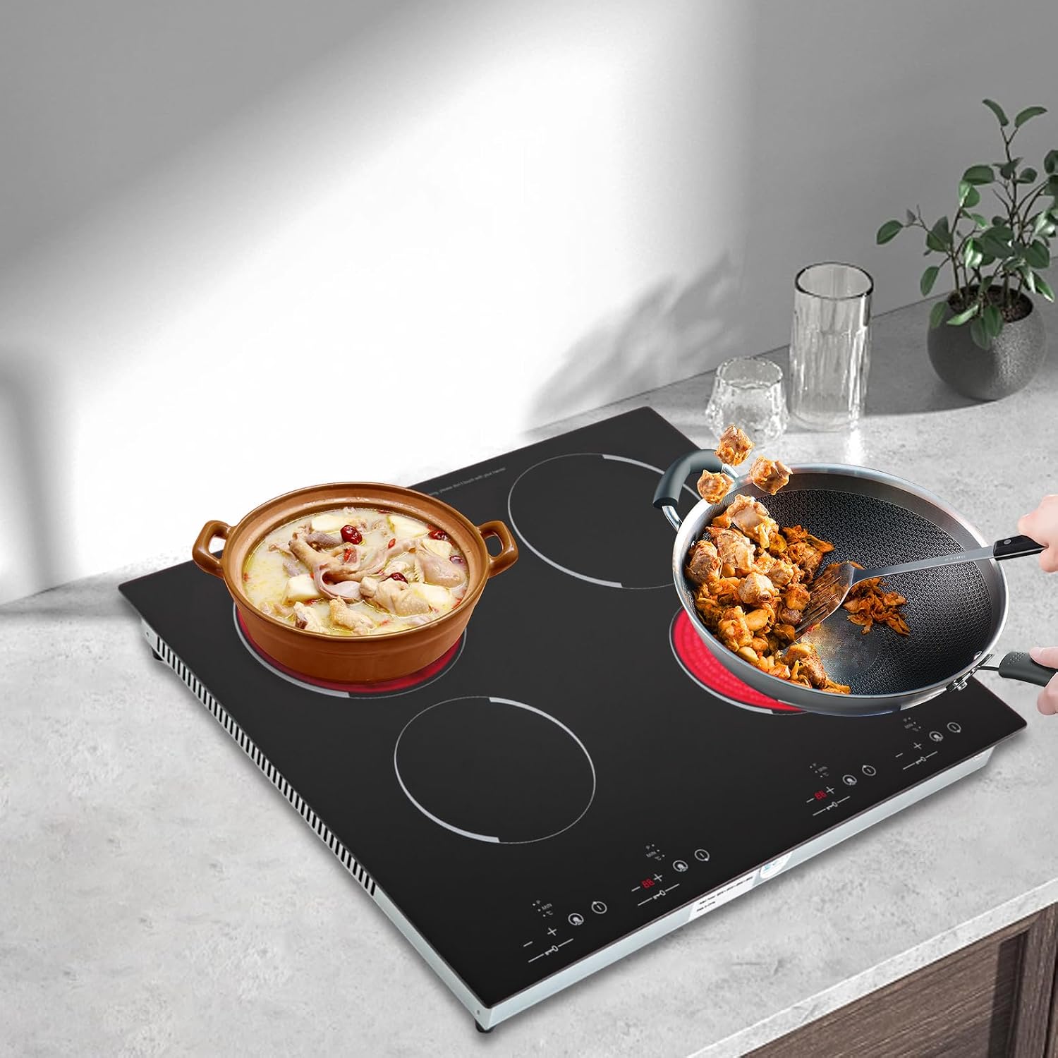 110v Electric Stove Top Burner, Rv Ceramic Cooktop, Sensor Touch Control With Safety Lock, Timer ＆ 9 Heating Levels, Black (4 Burner, 900W+600W+900W+600W)