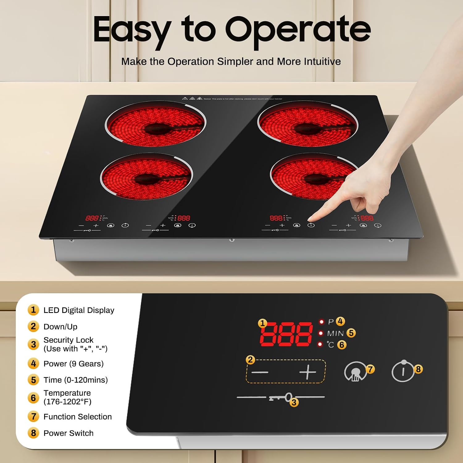 Electric Cooktop,Ceramic Cooktops with 4 Burners,Touch-adjustable Control Built-in Radiant Stove with LED Display Screen,Ceramic Cooktops with Safety Lock,Over-Temperature Protection