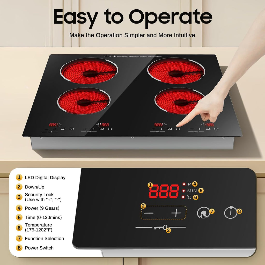 Electric Ceramic Cooktop 4 Burner, 30 Inch Built In Radiant Stove, 9 Heat Touch Control, Black Crystal Glass, Child Lock Timer 110V 3000W, Countertop or Drop-In for Apartment RV Kitchen, 23.6'x21.3'