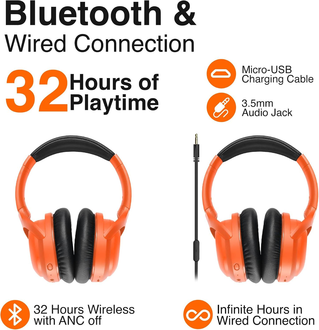 Puro Sound Labs PuroPro Universal Hybrid Active Noise Cancelling Headphones, Volume Limiting, Hi-Res Audio, 32h Playtime, Pc Wireless Headset with Mic, Over Ear Headphone for Travel & Work – Orange