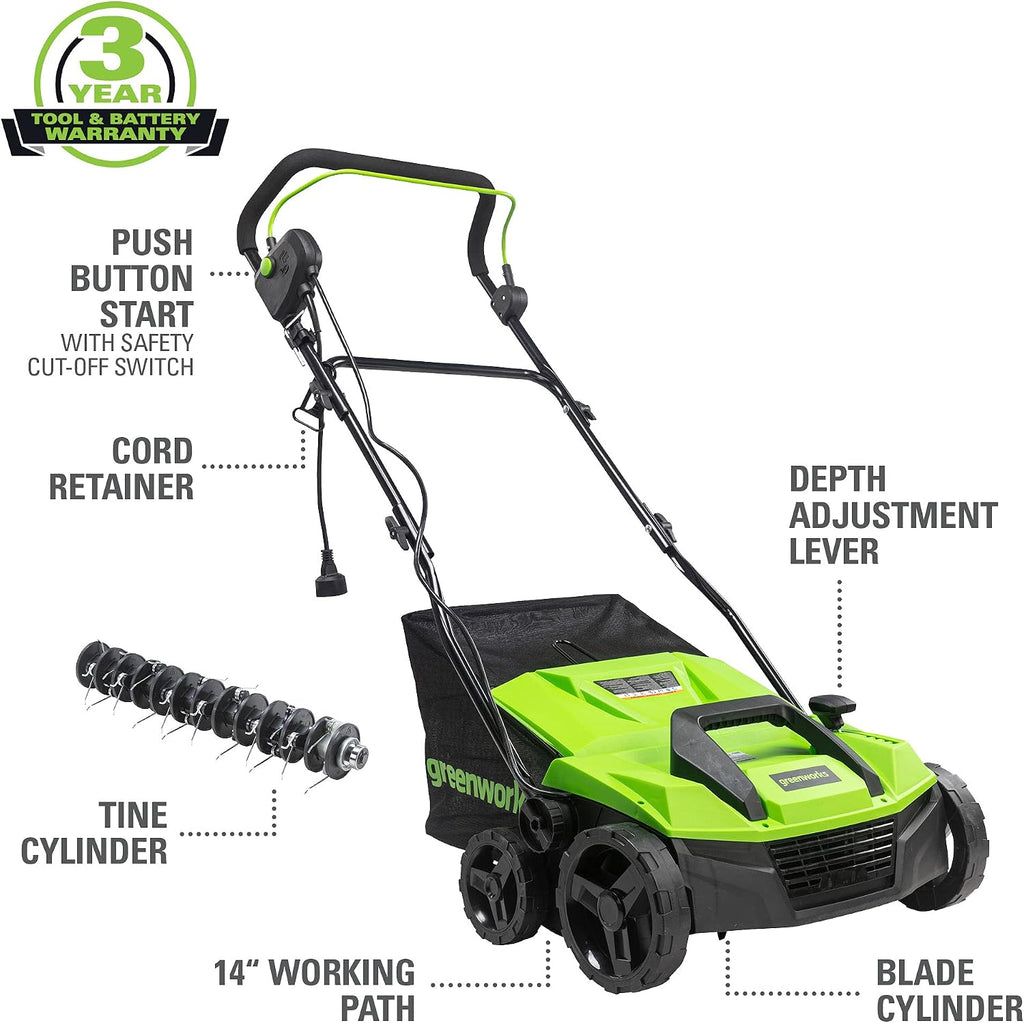Greenworks 13 Amp 14-Inch Corded Dethatcher / Scarifier, DT13B00