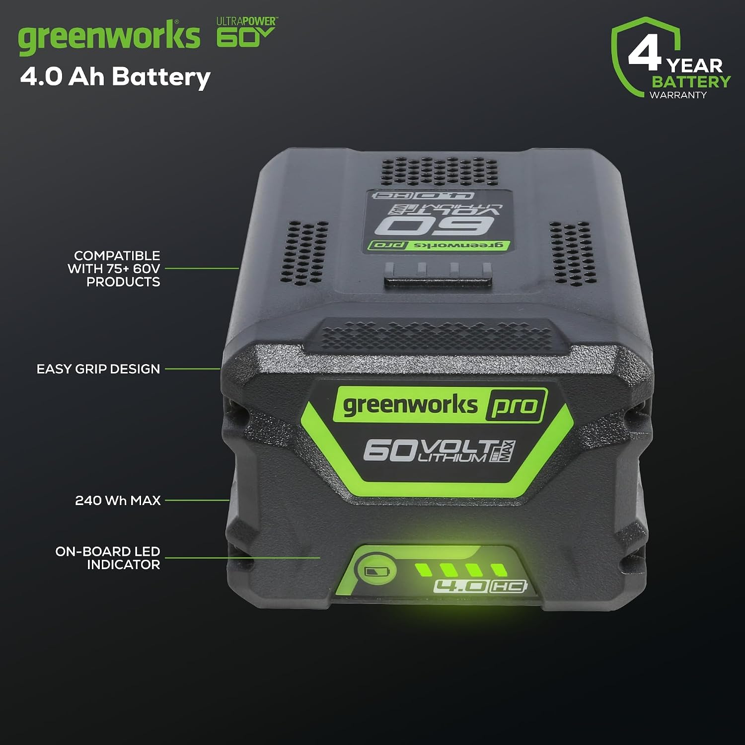 Greenworks 60V 4.0AH High Current (HC) Battery | Provides Fade-Free Power for Maximum Performance | Compatible with 75+ 60V Greenworks Tools