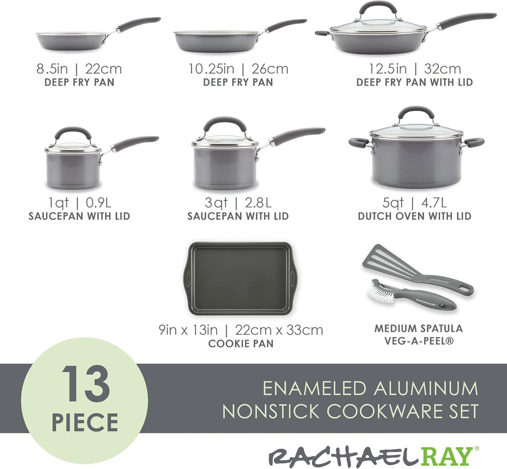 Rachael Ray Create Delicious Nonstick Cookware Induction Pots and Pans Set, 13 Piece - Gray Shimmer