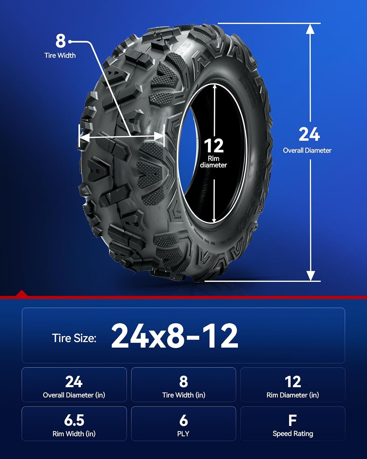 KAX 24x8-12 ATV UTV All-terrain Tires,24x8-12 Off-Road Mud Tires,6 Ply, 2Pcs,Tubeless Z-199