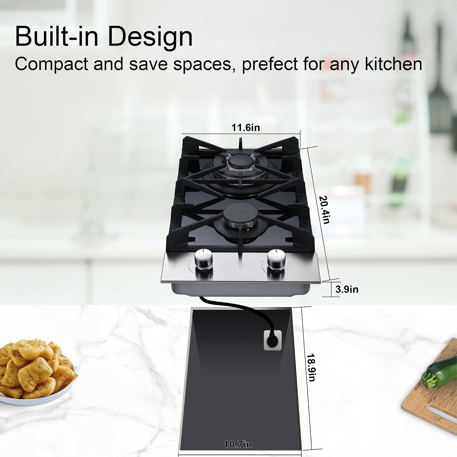 Eascookchef 2 Burner Gas Cooktop, 12 inch LPG/NG Dual Fuel Built-in Gas Stove Top, Black Tempered Glass Stove, Propane Cooktop for Apartment, Outdoor, RV, With Thermocouple Protection