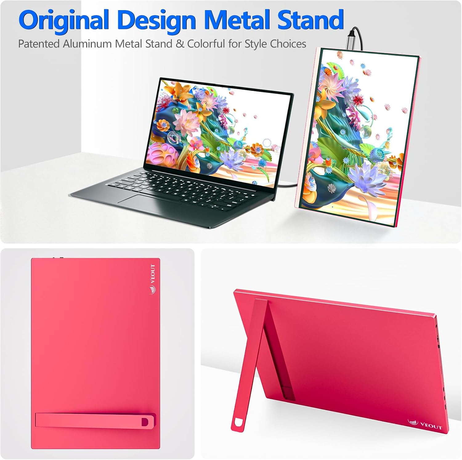 Veout 16Inch Pink Portable Monitor for Laptop, 1920x1200P IPS 16:10 Computer External Screen, 100% sRGB Stand Support Freesync, for Girl Phone, PC Home Use