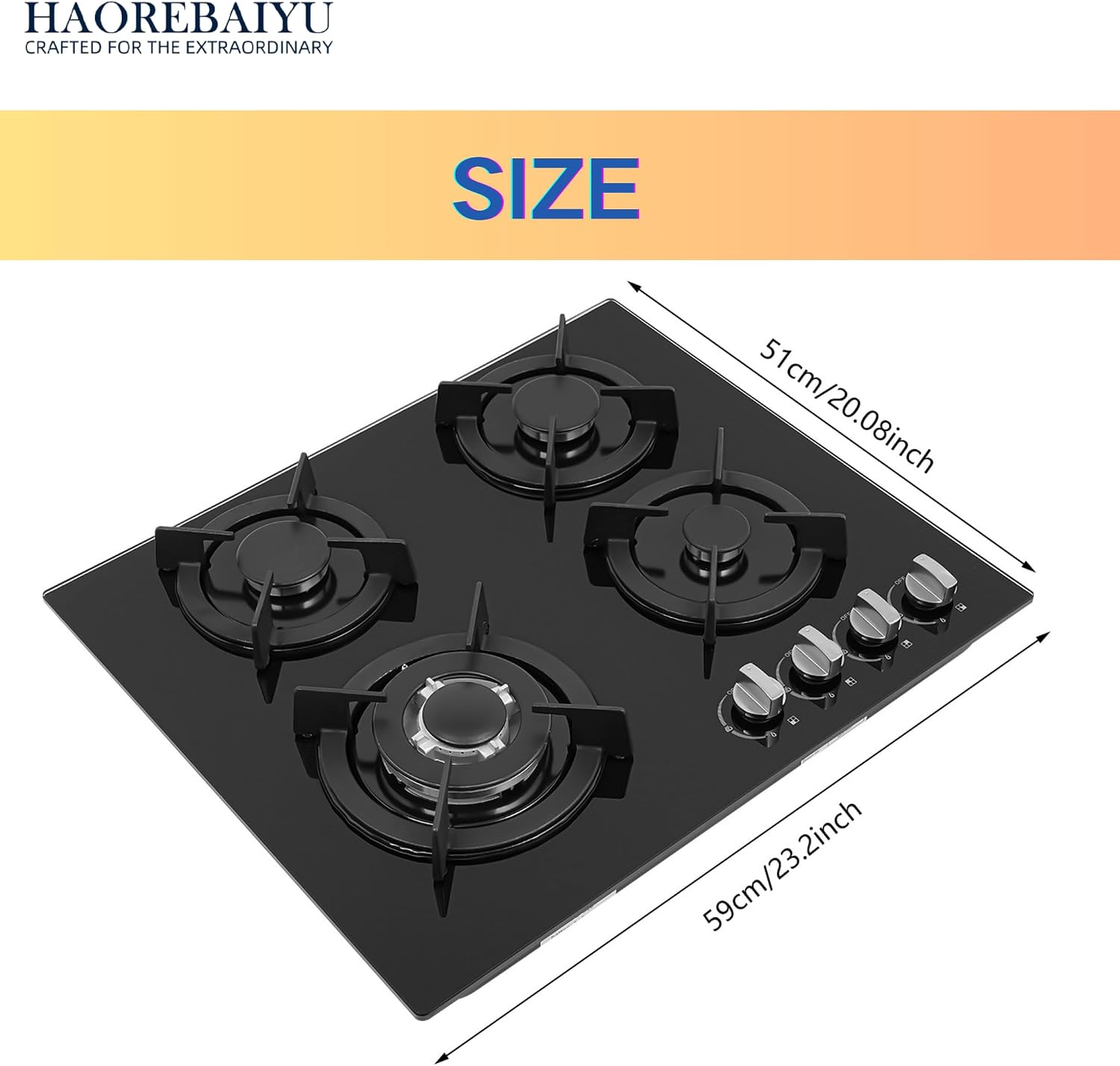 23Inch 4 Burner Built-In Lpg Gas Stovetop,Drop-In Gas Hob with Independent Control Knobs&Backfire Protection,Black Tempered GlassGas Cooktop