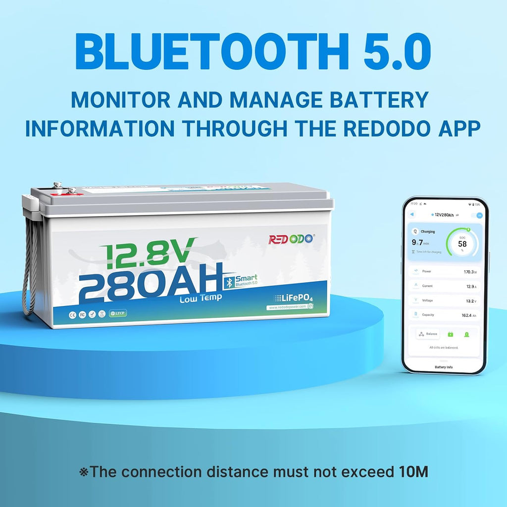 Redodo 12V 280Ah Bluetooth Lifepo4 Battery, Low Temp Cut-off Max 3584Wh Lithium Battery with 200A BMS, 4000+ Cycle, Ideal for Trolling motor, Marine, RV and Off Grid
