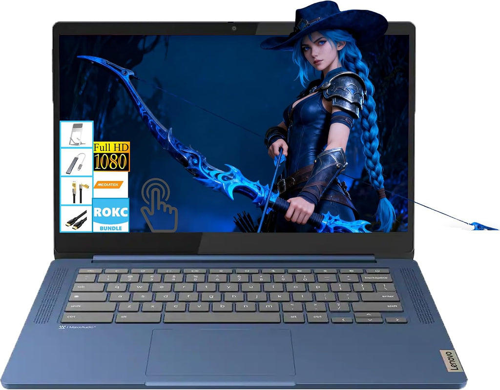 Lenovo IdeaPad Slim 3 Chromebook 14' FHD Touchscreen Laptop, MediaTek (8-Core) CPU, 4GB RAM|64GB eMMC+64GB USB Flash Drive| Chrome OS| Wi-Fi 6| SD Card Reader| Blue| for Business & Students|RK Bundle