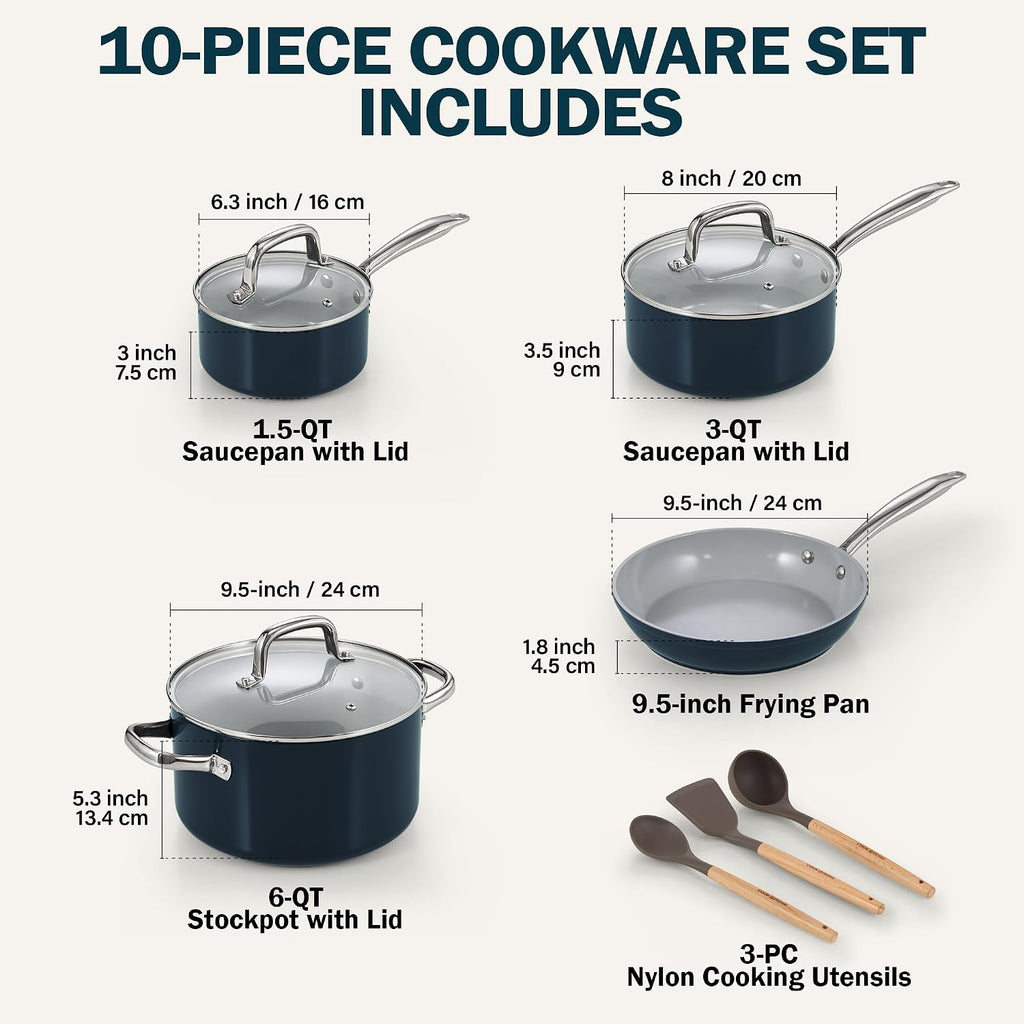 Cook N Home 10 Pcs Ceramic Pots and Pans Cookware Set, Non Stick & Non-Toxic Health Kitchen Cook Ware Sets, Blue