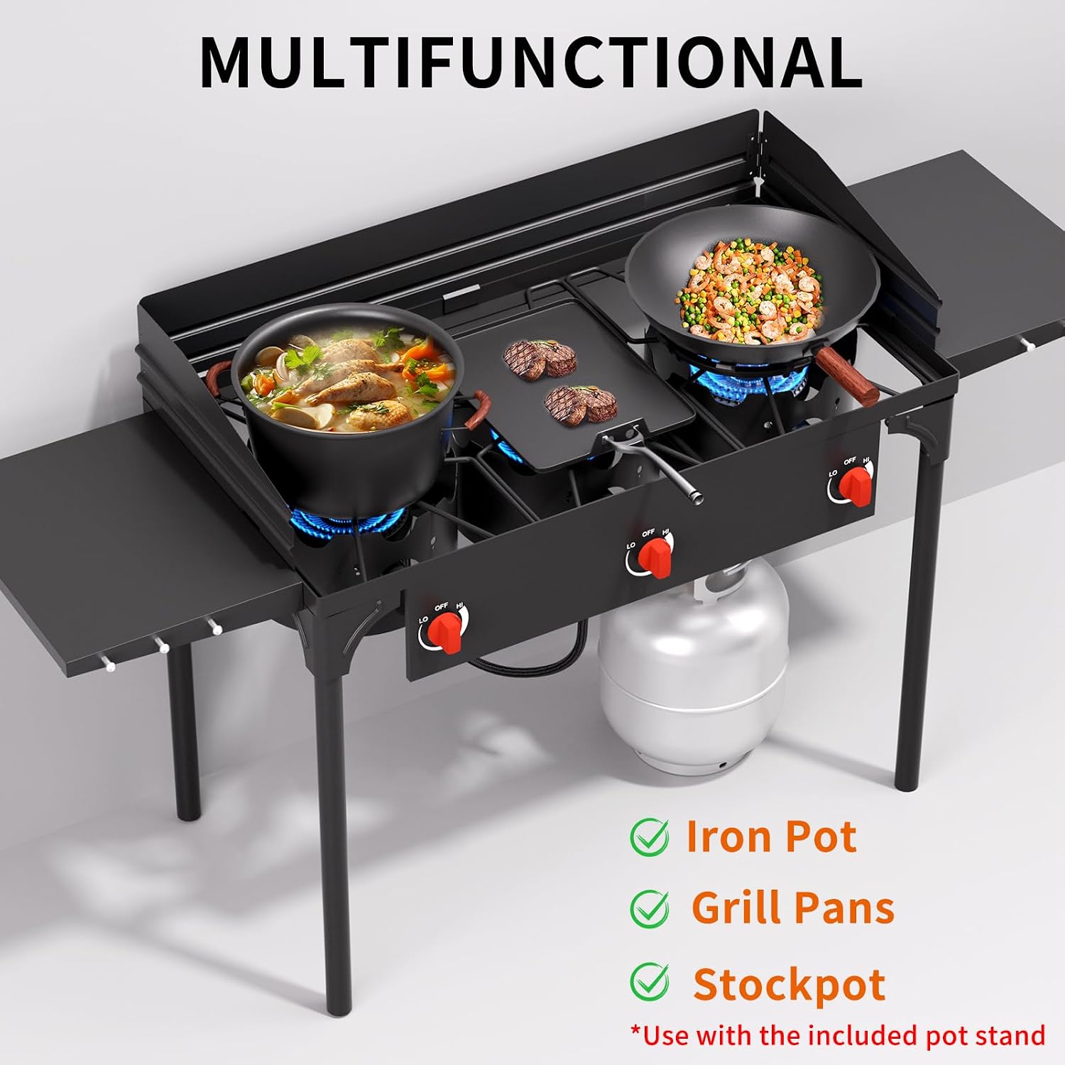 SKOK 3 Burners Camping Propane Stove with Wind Panel&Side Shelves, Portable Gas Stove, Outdoor Stove for Camping