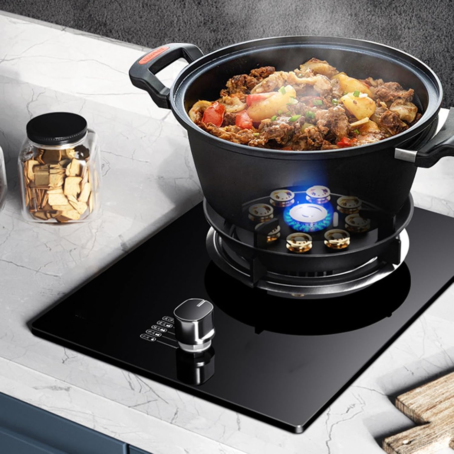 Gas Stove with 1 Burner,5.2KW Kitchen Counter Top Stove,Gas/LP Gas Conversion Stove,Tempered Glass Cast Iron Pot Rack,with Flameout Protection,for Home Kitchen(LPG)
