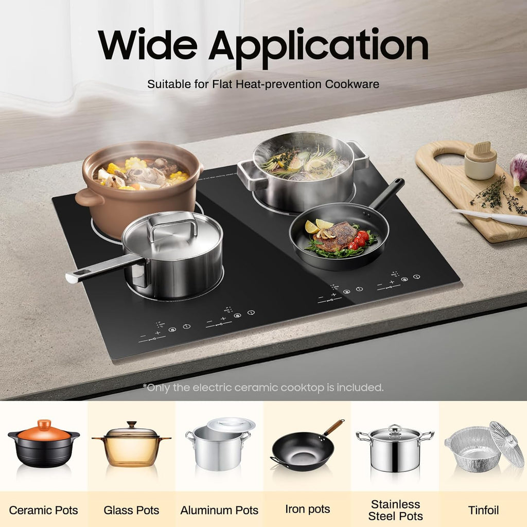 4 Burners Electric Cooktop 110V 3000W Built-in Electric Stove Top 9 Heating Level Countertop Burner with Timer and Temperature Controller Touch-Adjustable Control, No Plug