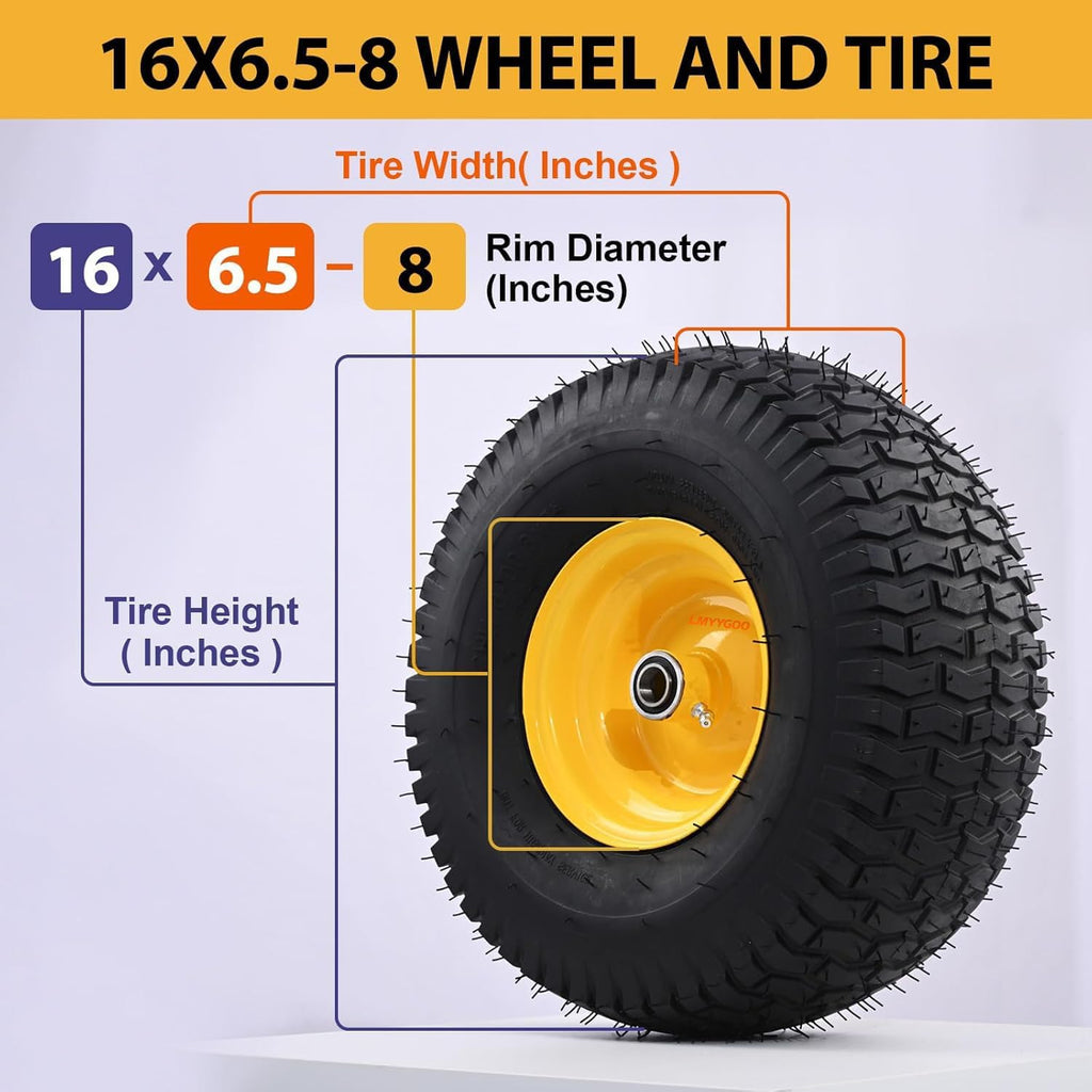 16x6.5-8 Tubeless Tire and Wheel,2 Pcs Replacement Riding Lawn Mower Garden Tractor Front Wheel Tire and Wheel with 3' Offset Hub, 3/4' Bearing or 1' Bore Bushing
