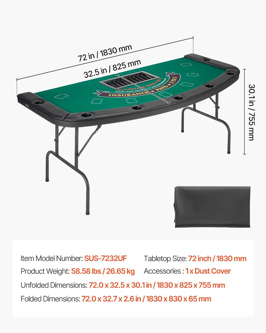 VEVOR Foldable Poker Table, 7 Player 72 in Folding Casino Leisure Table with Padded Rails & Cup Holders, Semi-Oval Portable Game Tables with Felt & Metal Legs, for Texas Hold'em Game and Blackjack