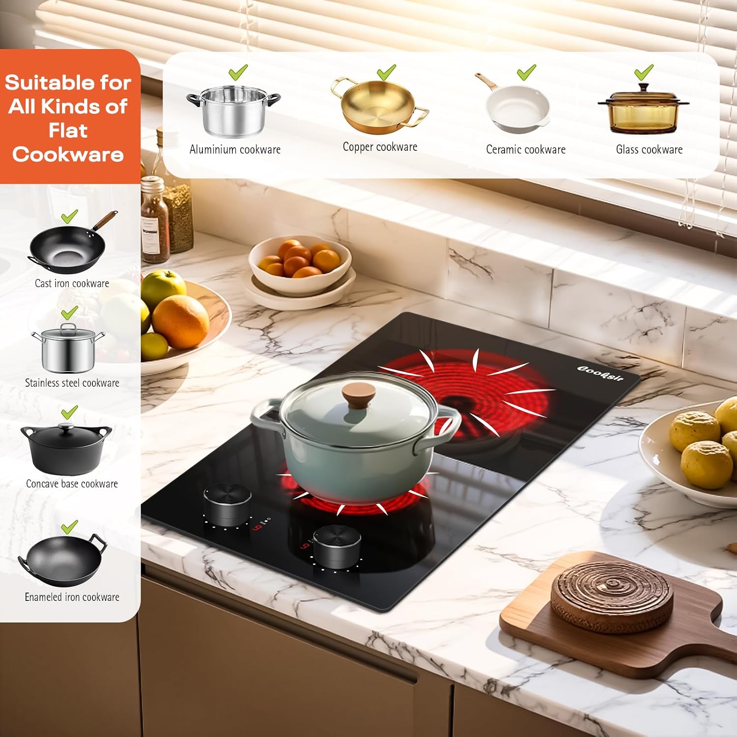 2 Burner Electric Cooktop - 12 Inch 2000W Electric Stove Built-in & Countertop, Two Burner Ceramic Cooktop with Knob Control, 9 Power Level, Over Heat Protection, 110-120V Plug in (Grey Konb)