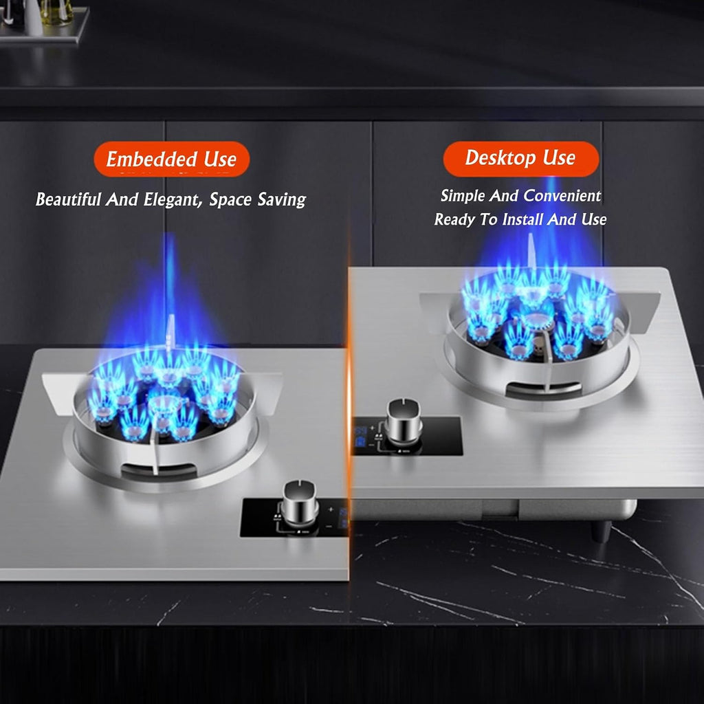 Portable Gas Stove with 2 Burners, 5.2KW-13 Cavity Wok Burner, Silver Tempered Glass Cooking Top, with Flame Failure Protection Device (Size : NG)
