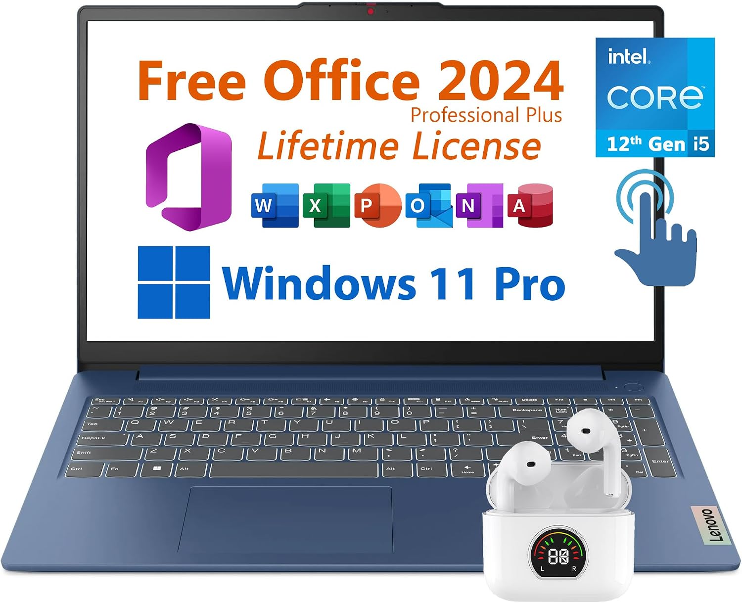 Lenovo 15.6' Laptop, Free Microsoft Office 2024 with Lifetime License, FHD Touchscreen, Intel 10-Core i5-1235U 4.4 GHz, WiFi 6, 40GB RAM, 1TB SSD, 7 hrs Battery Life, Windows 11 Pro, Toree Earbuds
