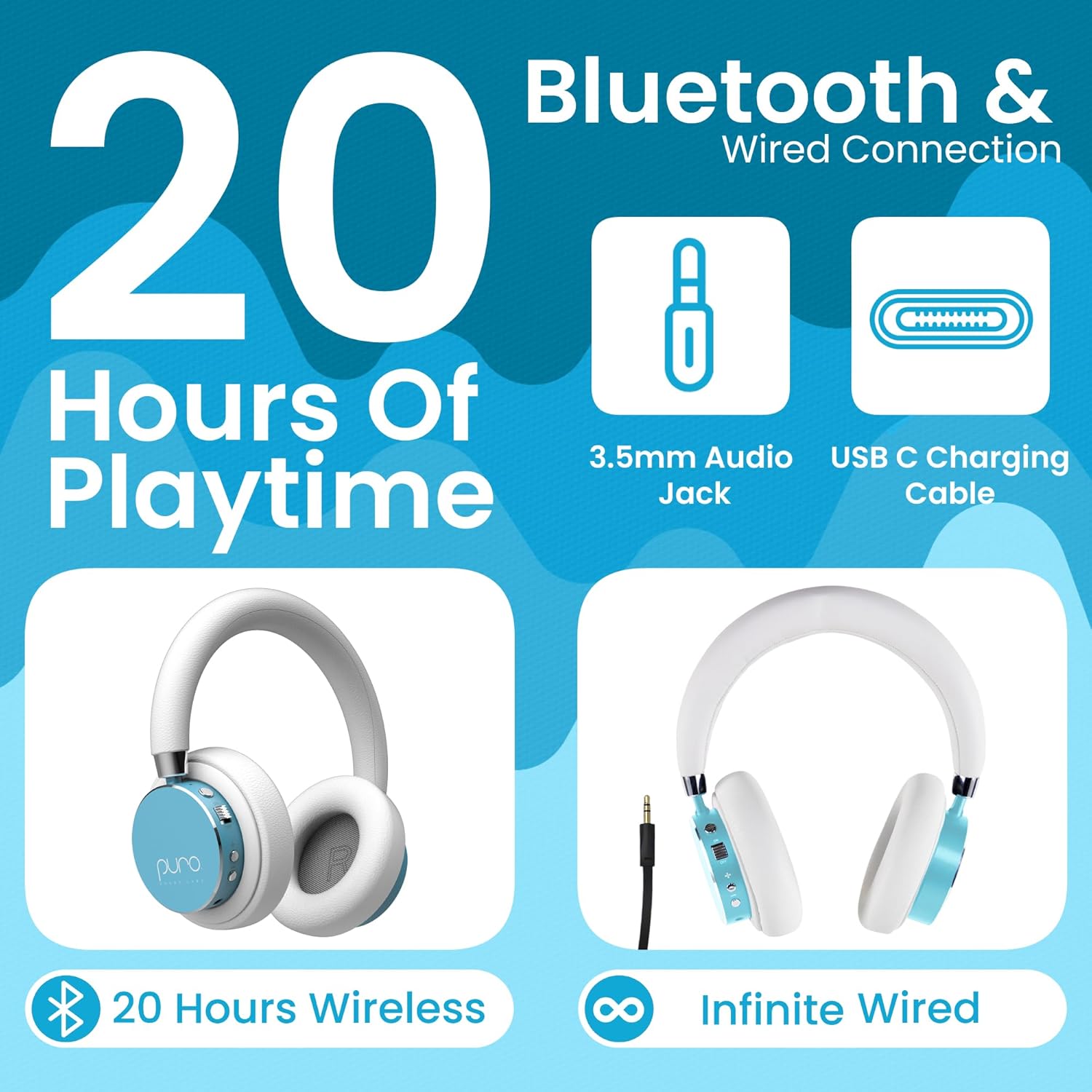 Puro Sound Labs BT2200 Plus Volume Limited Headphones for Kids, Bluetooth, Studio-Grade Audio, Over-Ear & Comfy Design, 20-Hr Battery Life, Easy to Connect Wireless Headphones for Kids, Purple & Teal