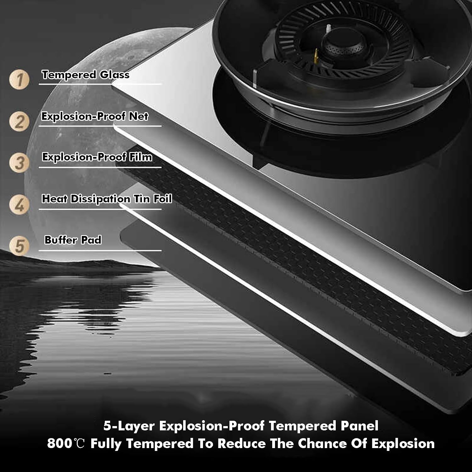 Gas Stove 1 Burner,5.2W 9-Cavity High-fire Frying Pan,Tempered Glass Cast Iron Pot Rack,Gas/LP Gas Conversion Stove,with Flameout Protection,for Home Kitchen(NG)