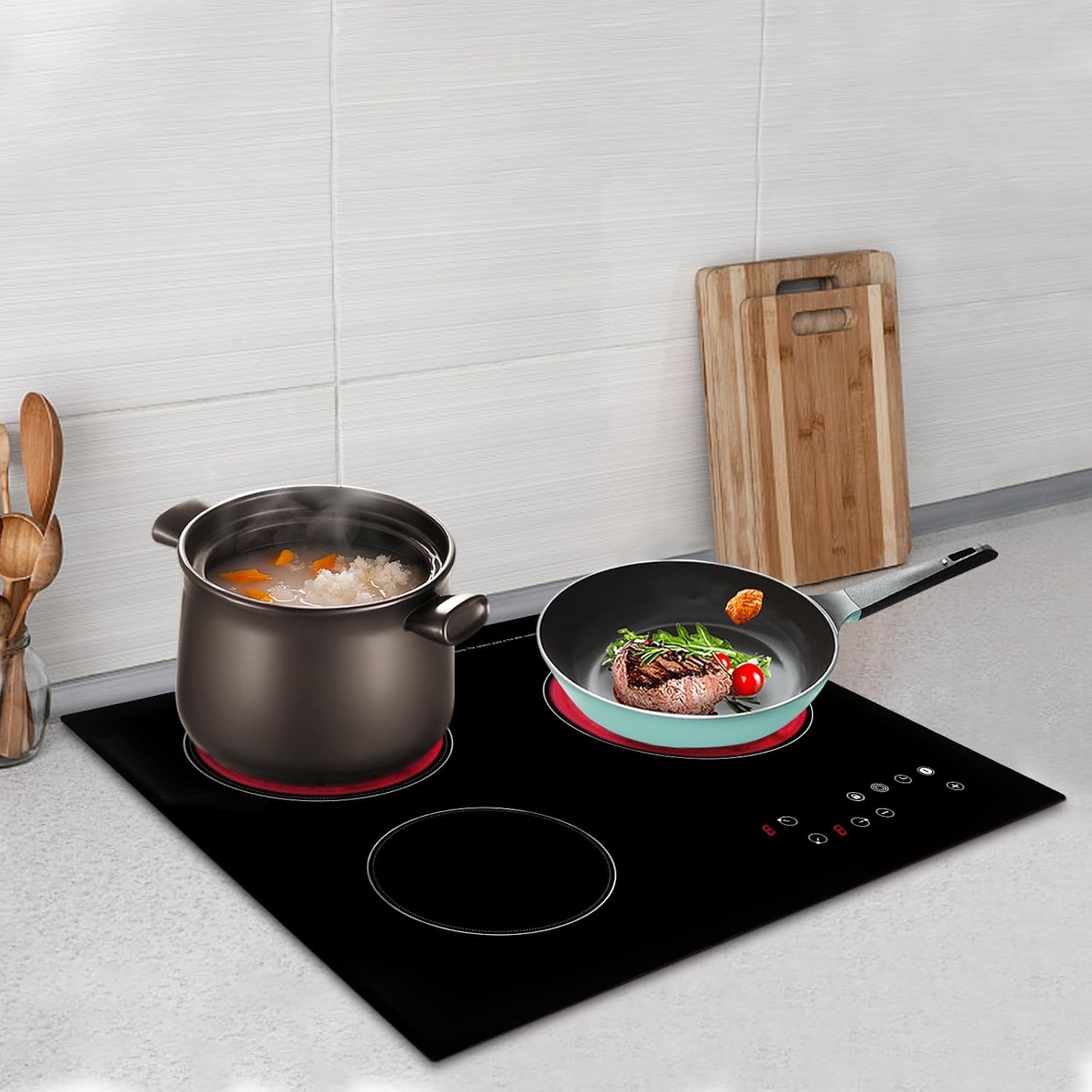 110v Electric Stove Top Burner, Rv Ceramic Cooktop, Sensor Touch Control With Safety Lock, Timer ＆ 9 Heating Levels, Black (3 Burner, 800W+600W+1200W)