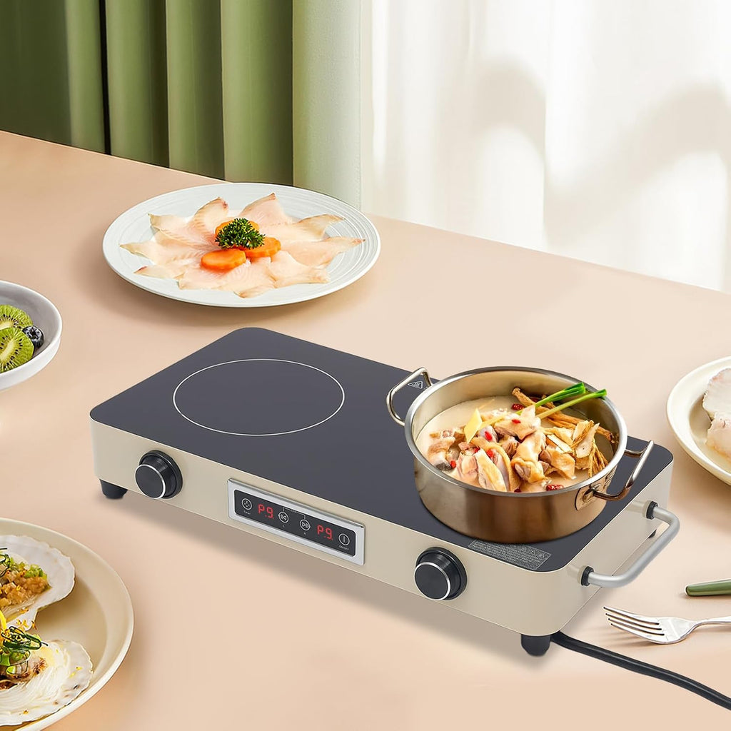 2 Burner Electric Cooktop 1100W Countertop Stove Top with Knob Control 110-120V Plug in Electric Cooktop with Touch Control & Timer for Kitchen, RV, Apartment (Cream Yellow)