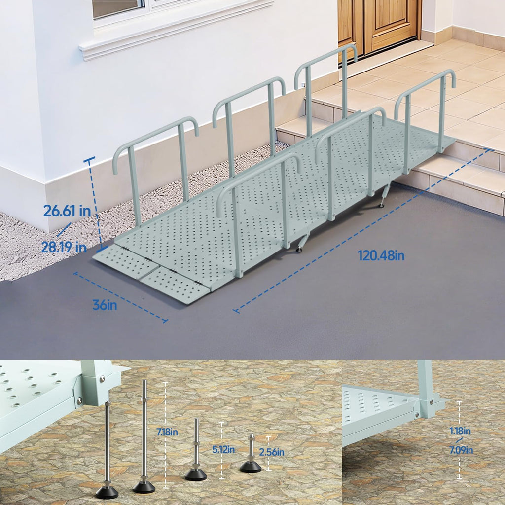 10'L x 36' W Portable Wheelchair Ramp with Handrails, Non-Slip Heavy Duty Handicap Ramp 850lbs Load Capacity, Wheelchair Ramp for Home Steps, Stairs, Doorway