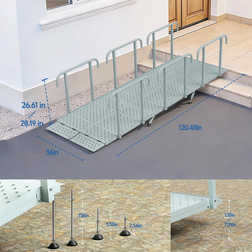 10'L x 36' W Portable Wheelchair Ramp with Handrails, Non-Slip Heavy Duty Handicap Ramp 850lbs Load Capacity, Wheelchair Ramp for Home Steps, Stairs, Doorway