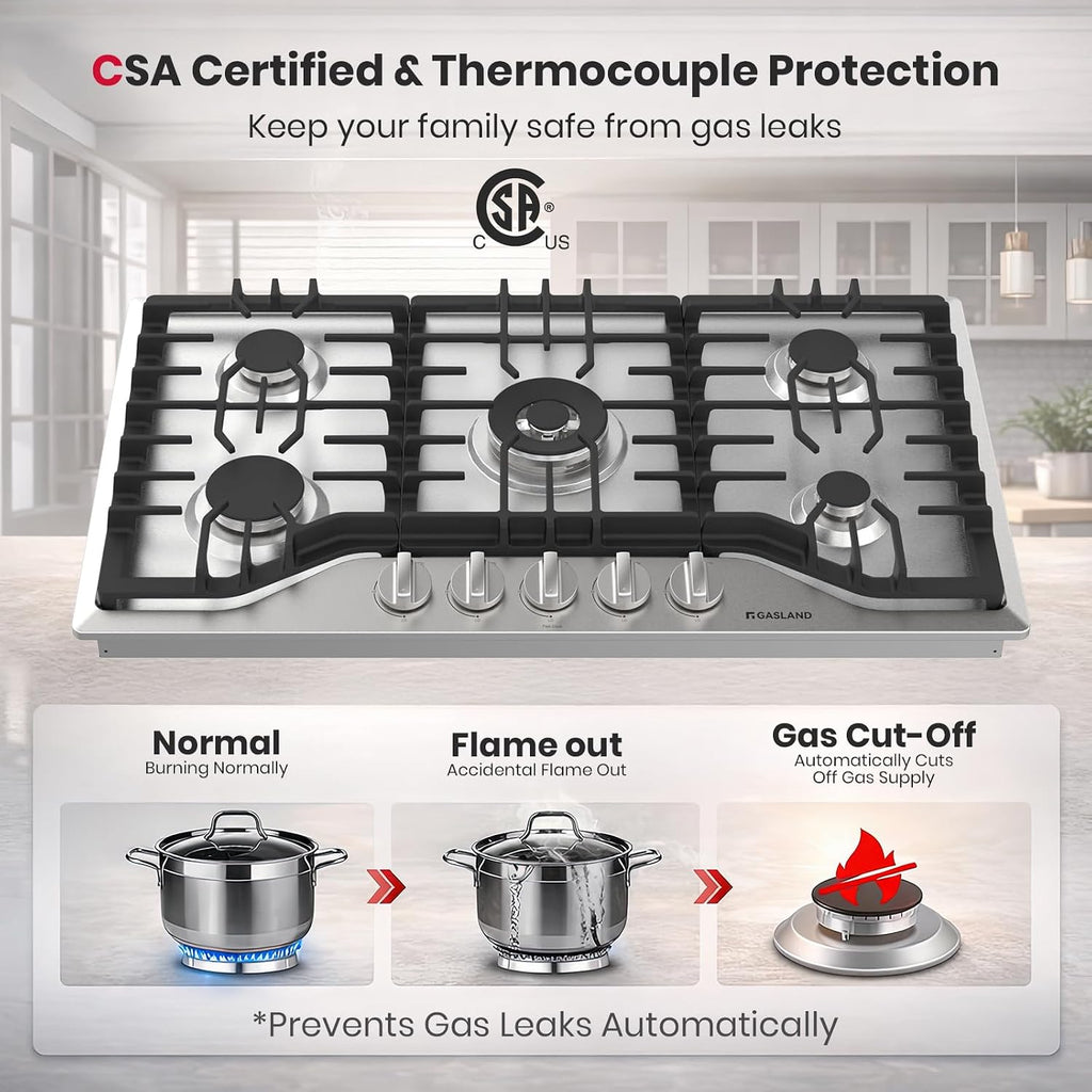 GASLAND 36 Inch Gas Cooktop, PRO GH2365SF 5 Italy Sealed Burner Propane Stovetop, NG/LPG Convertible Gas Cooktops, Plug-in with Thermocouple Protection, CSA Certified, Stainless Steel