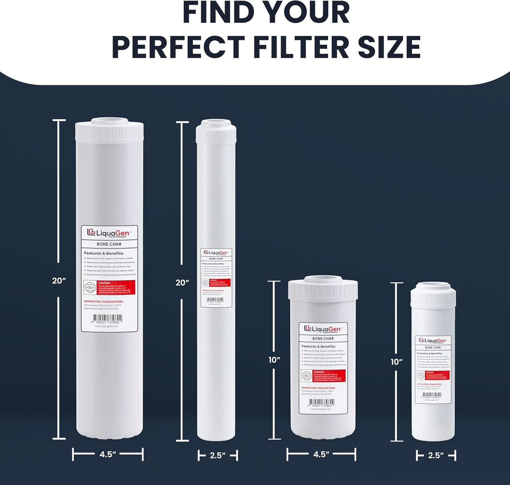 LiquaGen Bone Char Water Filter Replacement Cartridge – Helps Reduce Fluoride – Universal Refillable Filter for Whole House & Drinking Water – 2.5x10, 2.5x20, 4.5x10, 4.5x20 (4, 2.5' x 20')