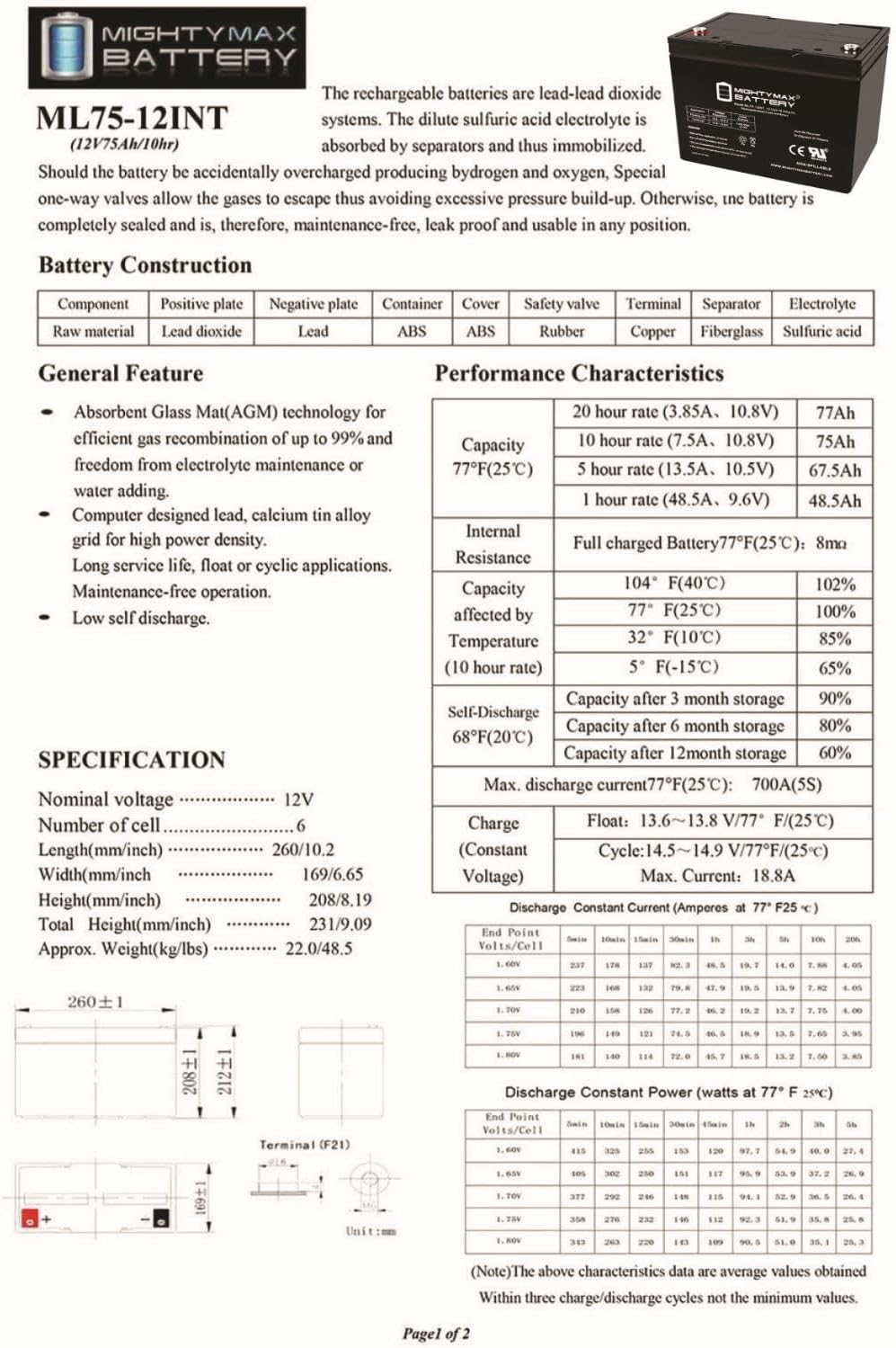 ML75-12INT -12 Volt 75 AH, Internal Thread (INT) Terminal, Rechargeable SLA AGM Battery