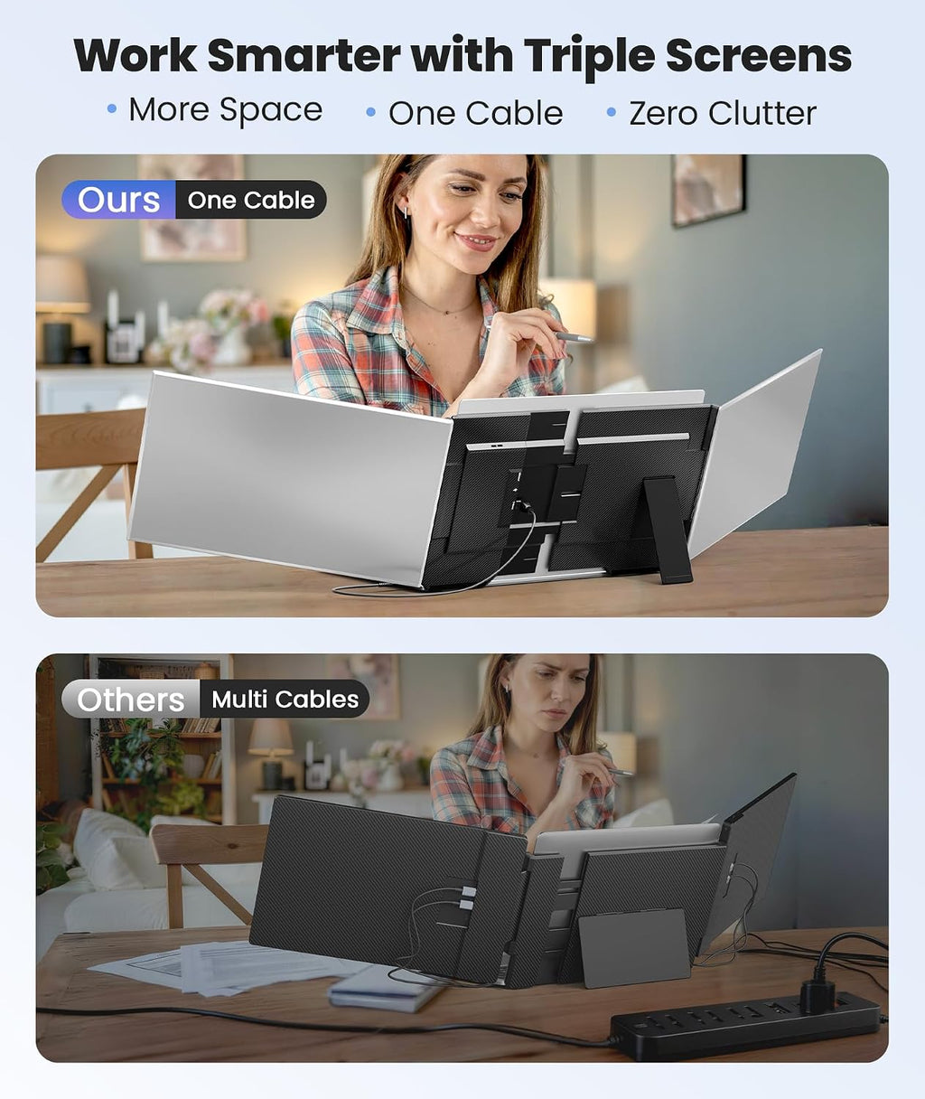 One Cable Laptop Screen Extender, 15.6' Ultra-Slim Triple Portable Monitor, 1080P FHD IPS Display, USB-C/USB-A Connection, Travel Monitor for 13–17.3' Laptops, MacOS/Windows/Android