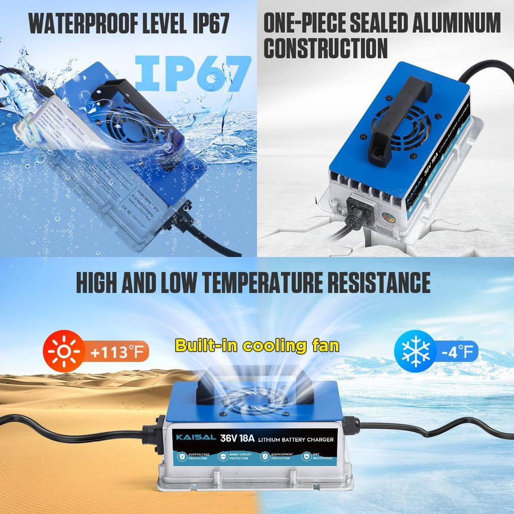 Lithium Battery Charger 36 Volt/43.8V 18A for 36V (38.4V) LiFePO4 Battery 0V Wake Up 36V Lifepo4 Battery Charger, IP67 Waterproof, for Golf Cart, Forklift, Trolling Motor, Boat, Car, RV, Lawn Mower