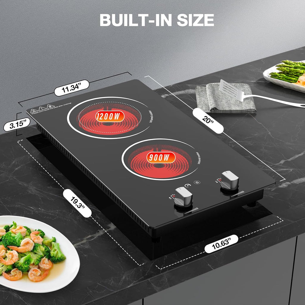 2 Burner Electric Cooktop, 2100W Electric Stove Top Hot Plate, 12 inch Countertop Burner & Built-In Stove Top, 9 Levels of Power, Knob Control, Timer & Kid Safety Lock, Residual Heat Warning
