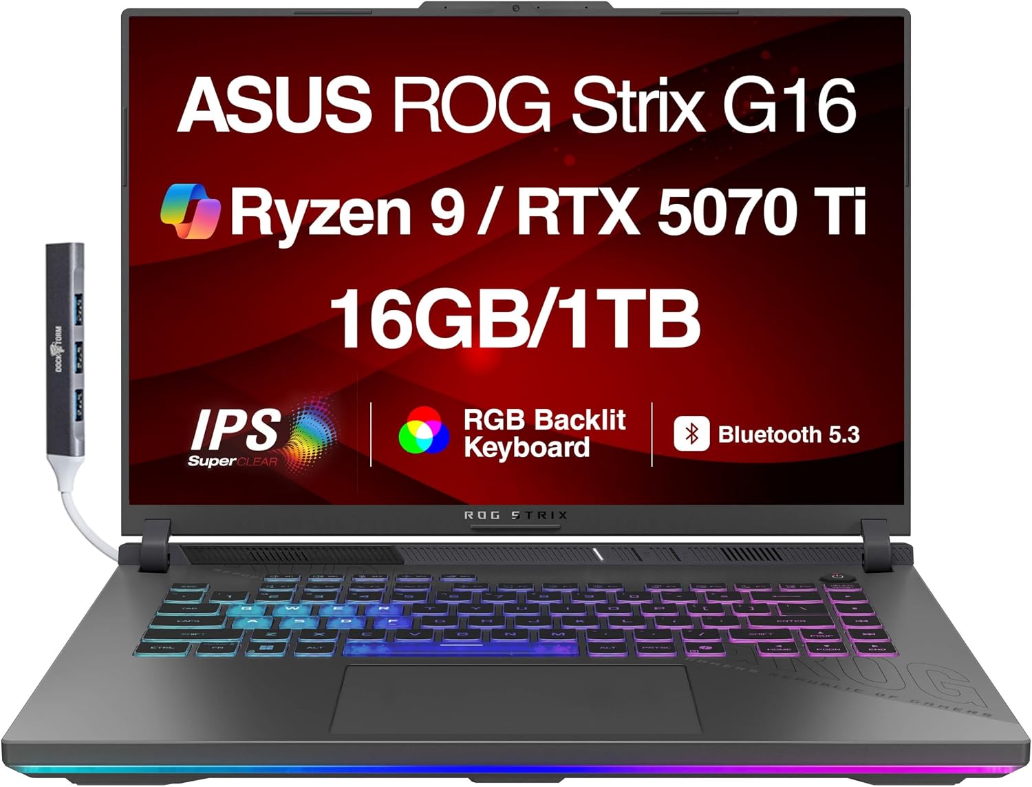 ASUS ROG Strix G16 G614 AI Gaming Laptop 16.0' 165Hz IPS WUXGA Display (AMD Ryzen 9 8940HX, GeForce RTX 5070 Ti 12GB, 16GB DDR5, 1TB SSD, RGB KB, Win 11 Home) w/DKZ USB Hub - G614PR-G16.R95070TI