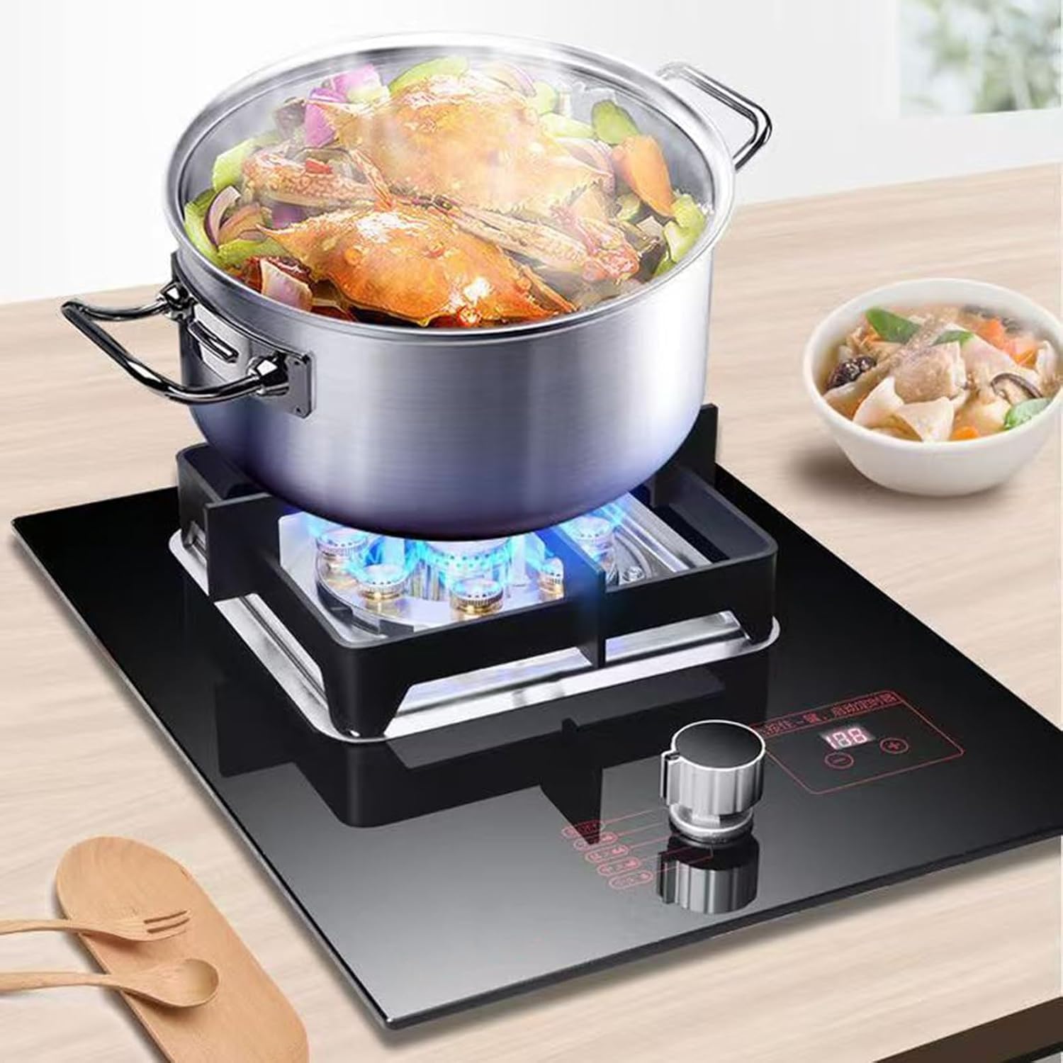 Gas Stove with 1 Burner,5.2KW Nine-Cavity High-fire Timer,Kitchen Counter Top Stove,Tempered Glass Cast Iron Pot Rack,with Flameout Protection,for Home Kitchen(LPG)