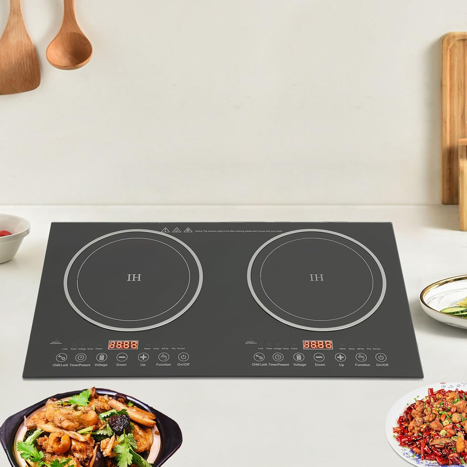 Portable Induction Cooker Cooktop Countertop Double Burner Independent Control, 1200W+1200W Low Noise Electric Cooktops 110V Induction Cooker Heater with 8 Gear Firepower for Kitchen Cooking