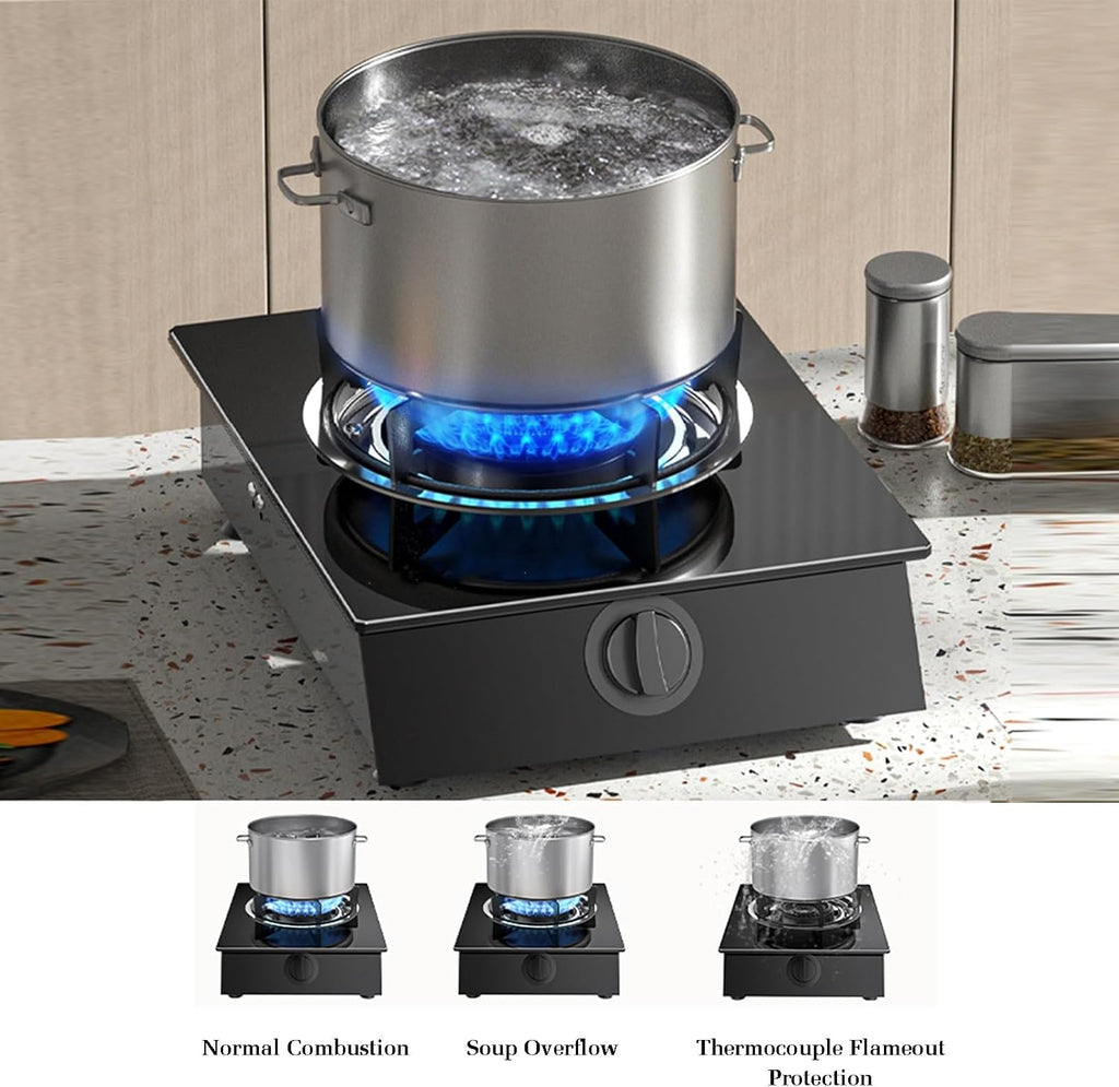 Gas Cooker 1 Burner,4.2KW Gas Stove,Gas/LP Gas Conversion Stove,Tempered Glass Cast Iron Pot Rack,with Flameout Protection,for Home Kitchen(LPG)