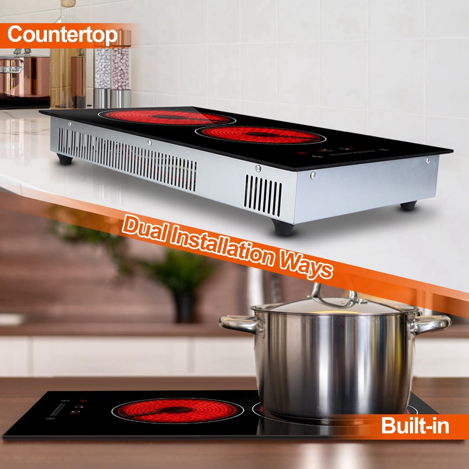 TeqHome 2 Burner Electric Cooktop, 1900W Plug in Radiant Electric Stove Top, 12' Built-in Ceramic Cooktop with Residual Heat Indicator, 9 Power Levels,Touch Control,Timer,Overheat Protection,110V-120V