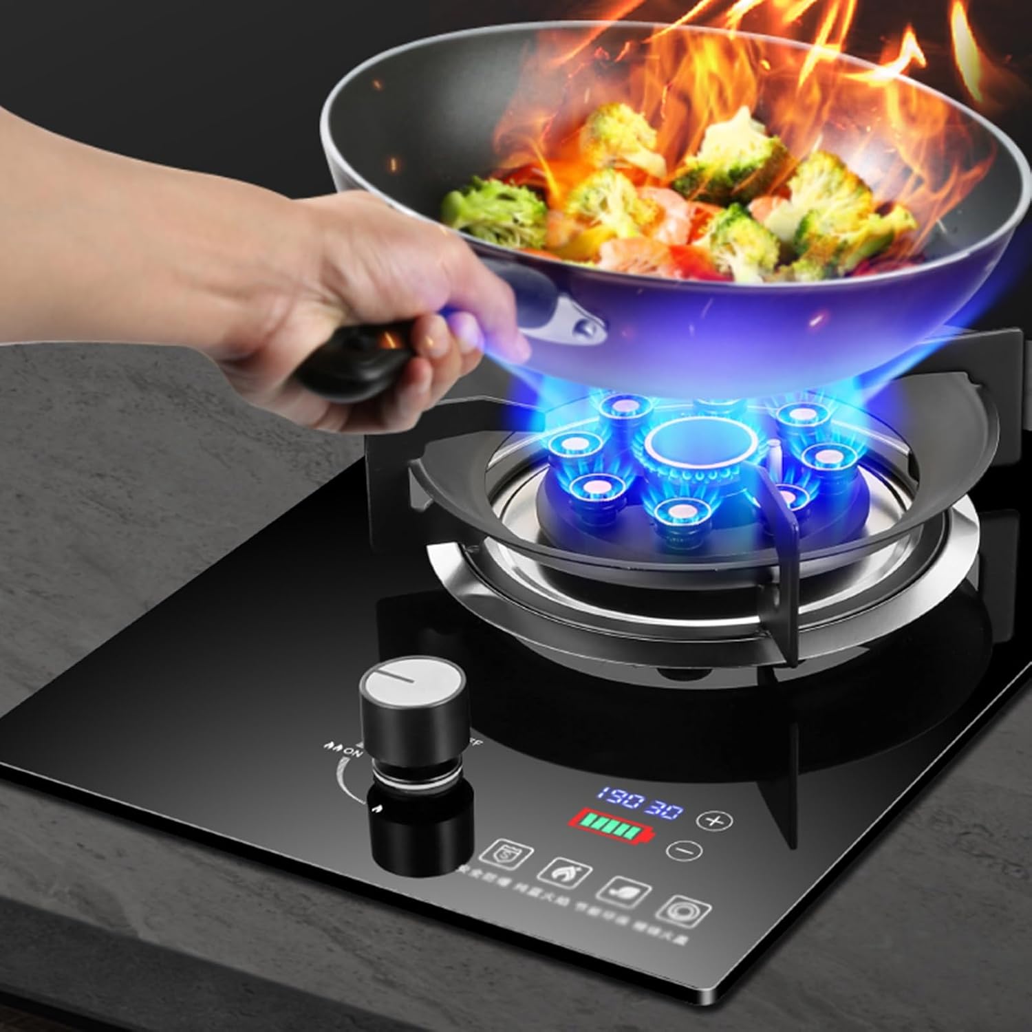 Gas Stove Single Burner,7.0KW Nine-Cavity High-fire Timer,Gas/LP Gas Conversion Stove,Tempered Glass Cast Iron Pot Rack,with Flameout Protection,for Home Kitchen(LPG)