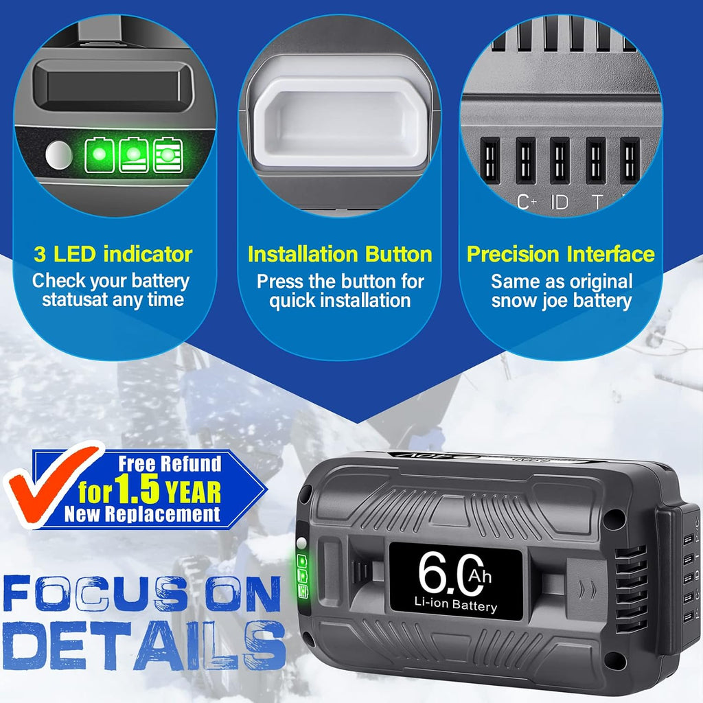 【Upgrade!】 40V 6.0Ah Replacement Battery for Snow Joe/Sun Joe Ecosharp 40V Tools Lithium-ion Battery Snow Blower Lawn Mower Pressure Washer. 40V Wireless iON Models