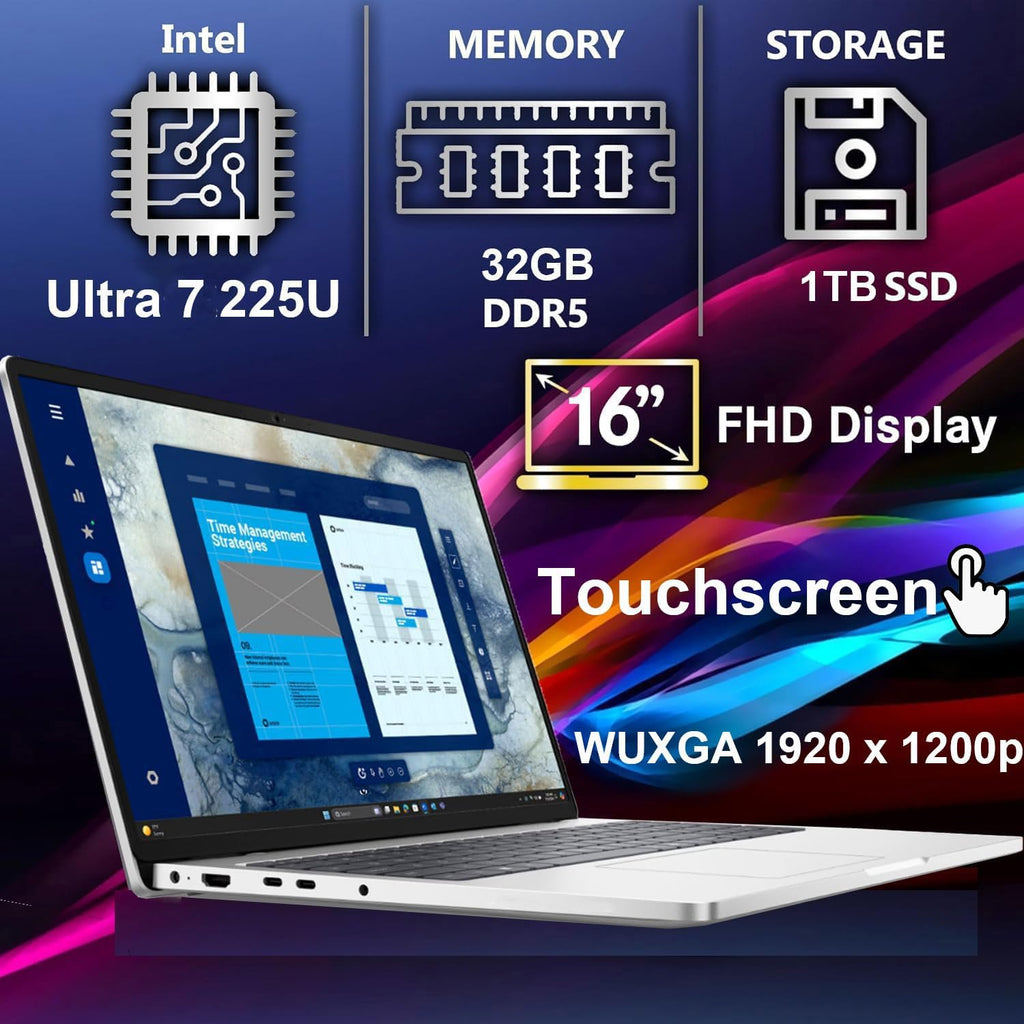 Dell Pro 16 Touchscreen Business Laptop | 16' WUXGA Anti-Glare Display | Intel Ultra 7 225U (12 cores, Up to 5.2 GHz) | 32GB DDR5 RAM, 1TB SSD | WiFi6E + BT, Backlit Keyboard, Fingerprint, Win 11 Pro