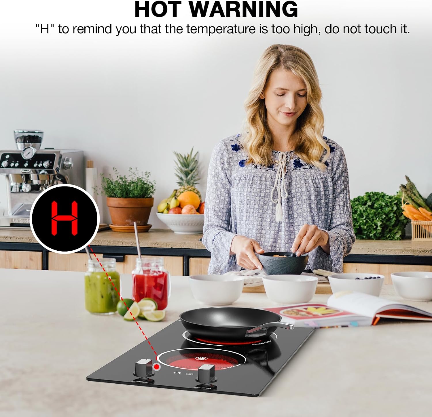 2 Burner Electric Cooktop, 2100W Electric Stove Top Hot Plate, 12 inch Countertop Burner & Built-In Stove Top, 9 Levels of Power, Knob Control, Timer & Kid Safety Lock, Residual Heat Warning