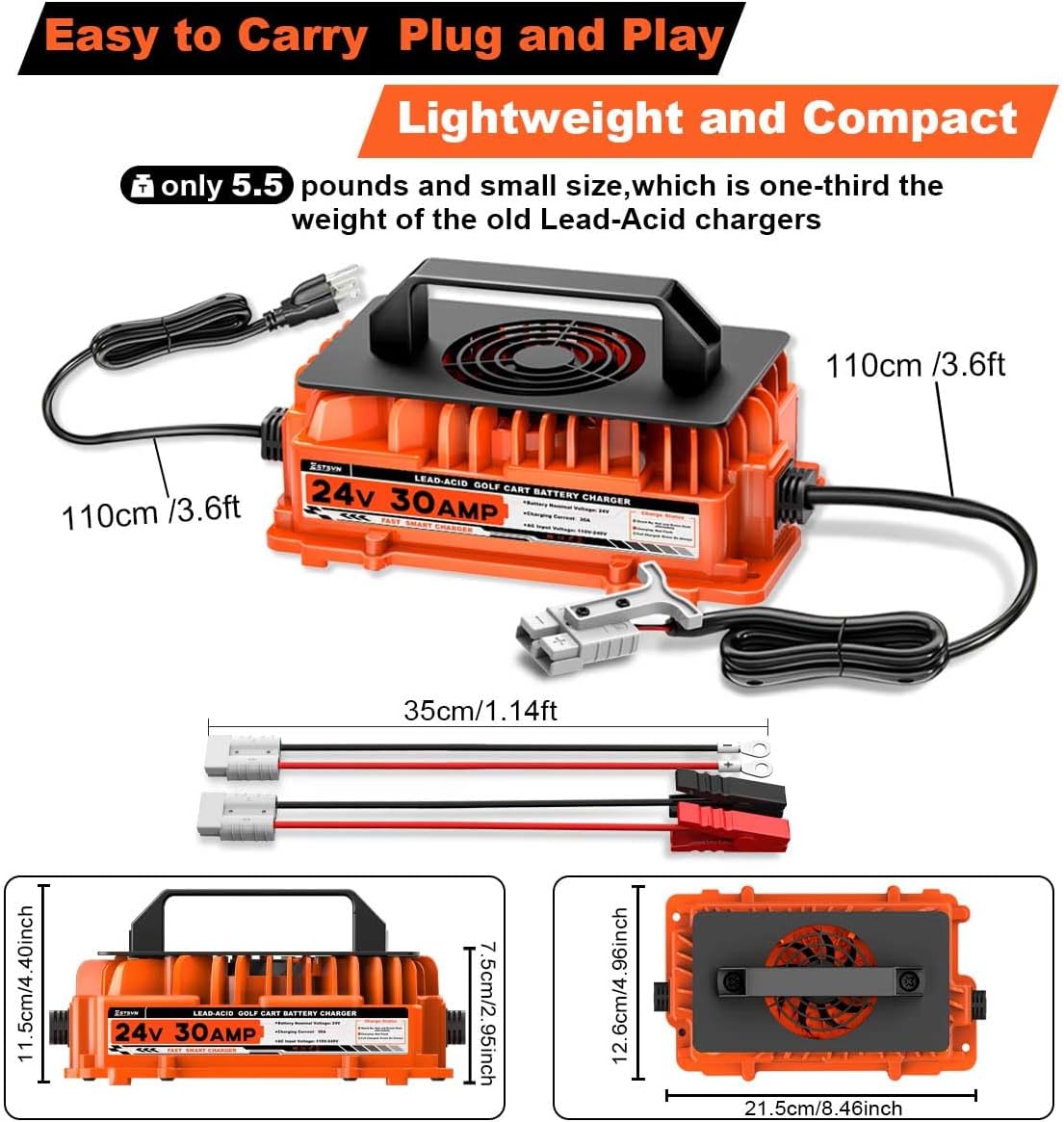 30A 24V Battery Charger 24 Volt Forklift Fast Charger with Anderson Plug Lead-Acid Battery Chargers for Sicorssors Lift, Pallet Jack, Lawn Mower, Floor Scrubberb